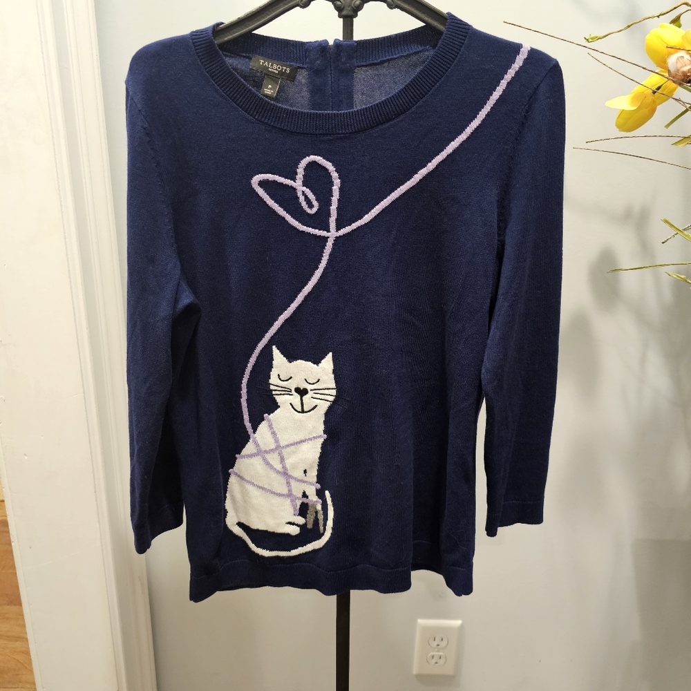 Talbots Navy Kitty Cat Valentine Sweater XS Petite